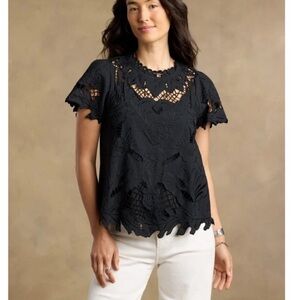 Sundance Ayre Lace Blouse Top Black Cutout Floral Ruffle Cotton Short Sleeve LG